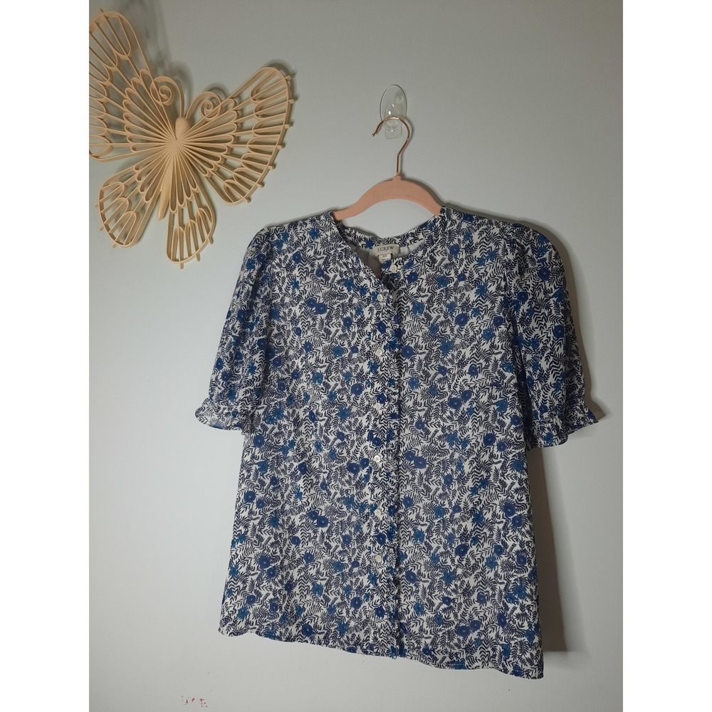 J.Crew Blue White Floral Puff Sleeve Ruffle Button Front Blouse Top XS